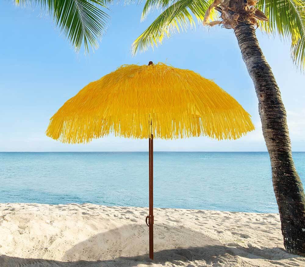 Sonnenschirm Strand Hawaii Fransen UV Schutz Erdspieß Knickbar Orange Gelb, Picknick & Strand, Freizeit