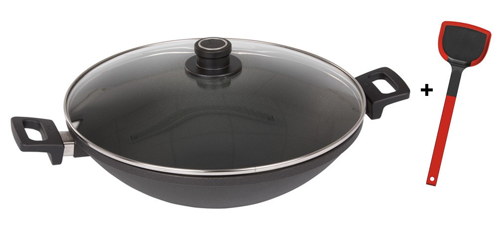 Woll Wok Nowo Titanium Induktion Aluguss Glasdeckel 2 Griffe Ø 32 cm + Wok-Wender