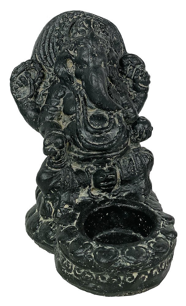 Ganesha Figur mit Kerzenhalter Steinguss Statue Schwarz Hindu Gottheit 15cm