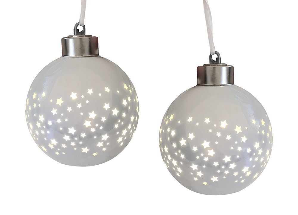 Christbaumkugeln mit LED Beleuchtung Sternchen 2 Stück Weiß Echt Glas